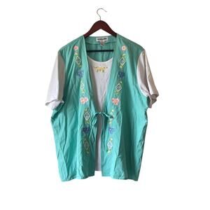 Vintage attached vest floral embroidered cottagecore blouse size‎ xl